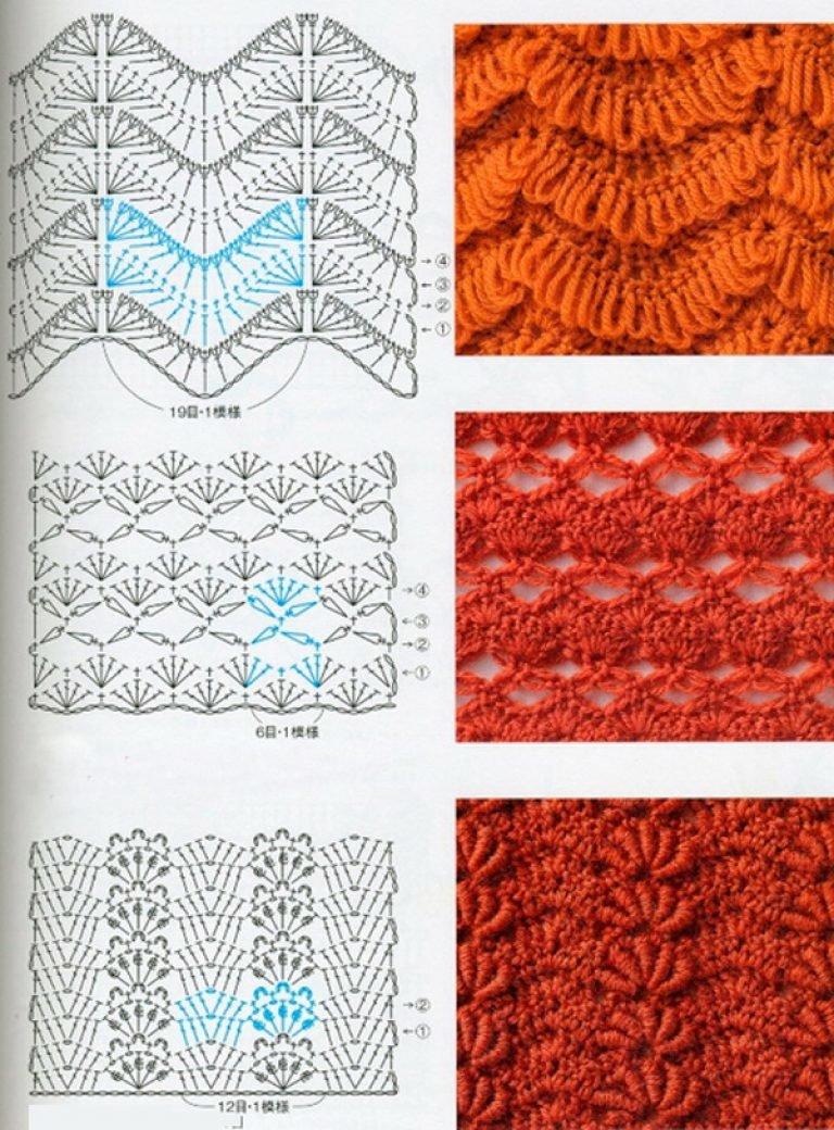 Dichte Häkel- oder Strickmuster mit Diagrammen und Beschreibungen