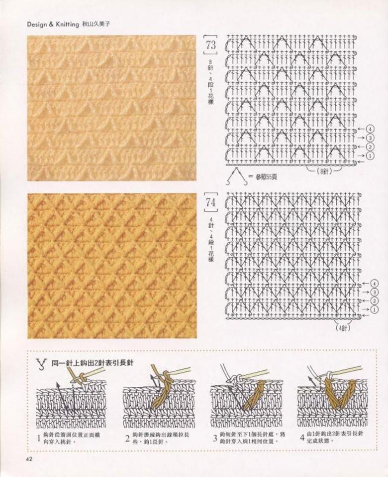 Dichte Häkel- oder Strickmuster mit Diagrammen und Beschreibungen