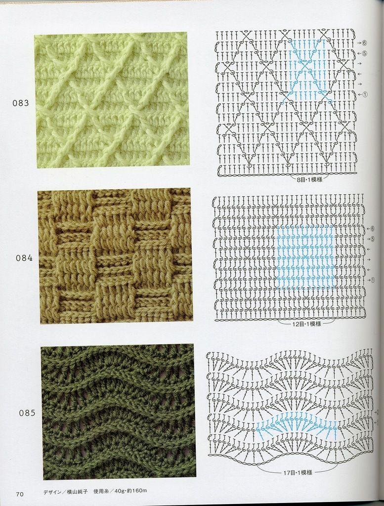 Dichte Häkel- oder Strickmuster mit Diagrammen und Beschreibungen