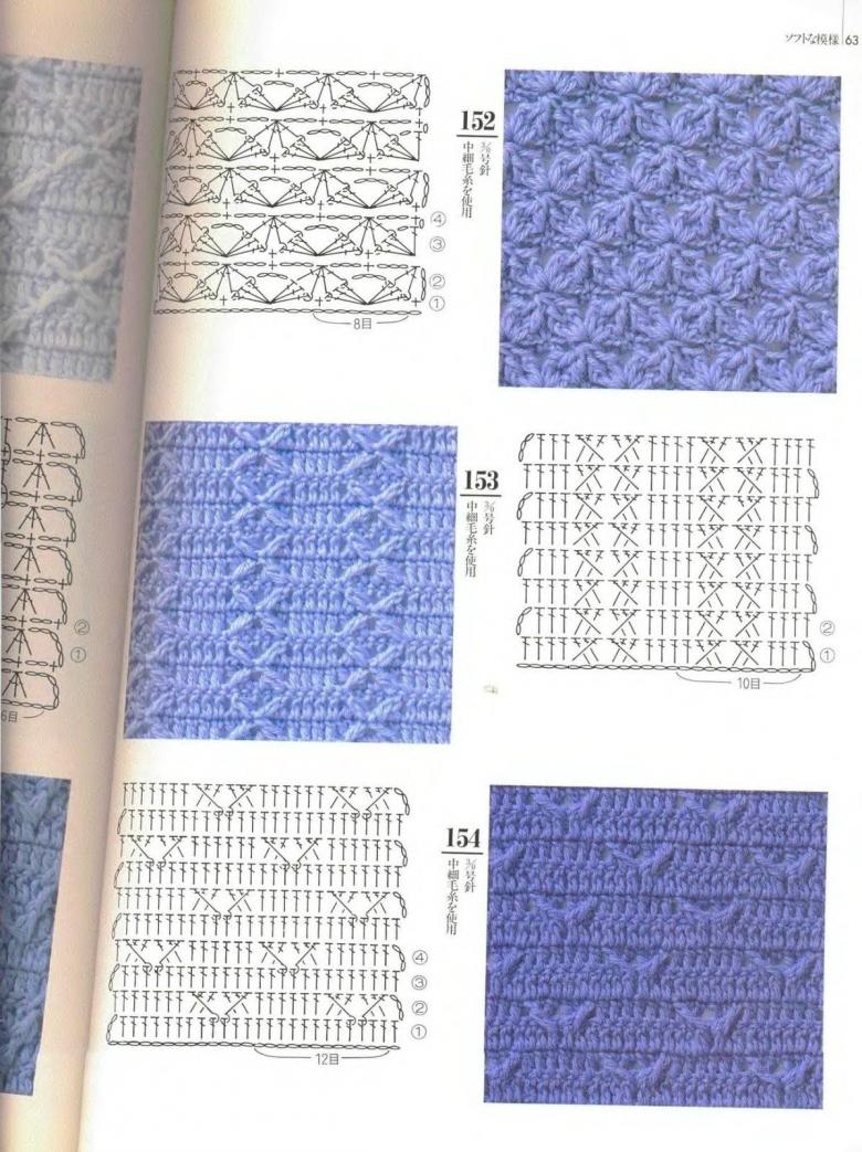 Dichte Häkel- oder Strickmuster mit Diagrammen und Beschreibungen