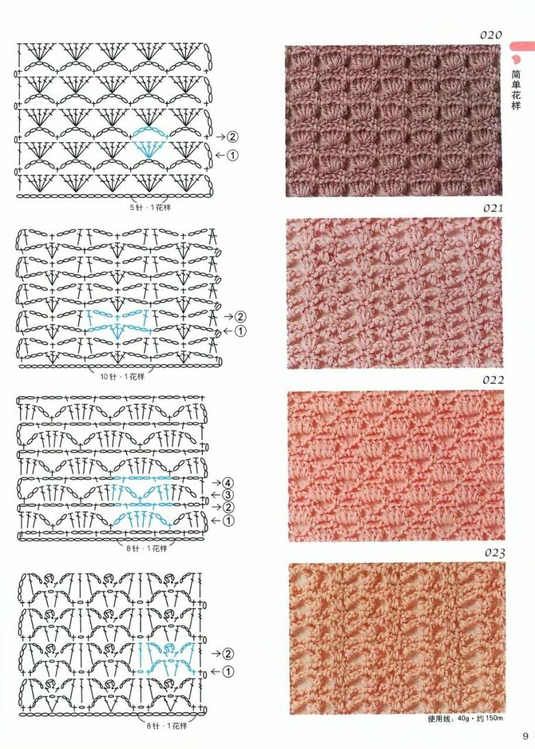 Dichte Häkel- oder Strickmuster mit Diagrammen und Beschreibungen